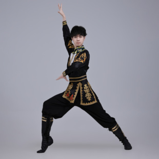 新疆维族男生黑色定制艺考演出套装舞蹈服饰民族风舞台演出剧目服