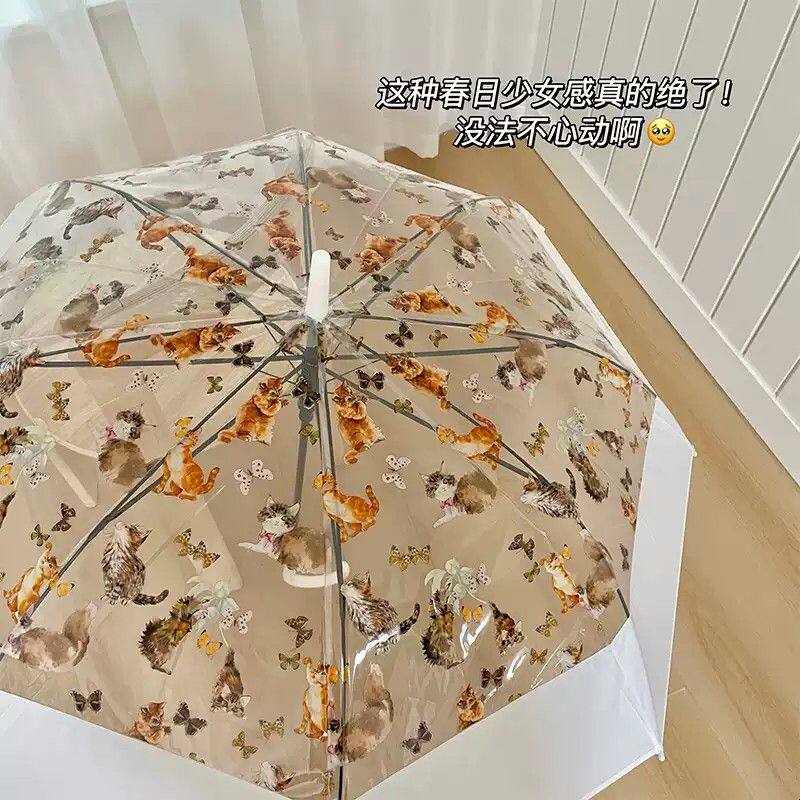 复古油画猫咪蝴蝶透明雨伞ins风卡通可爱女生长柄雨伞自动成人伞