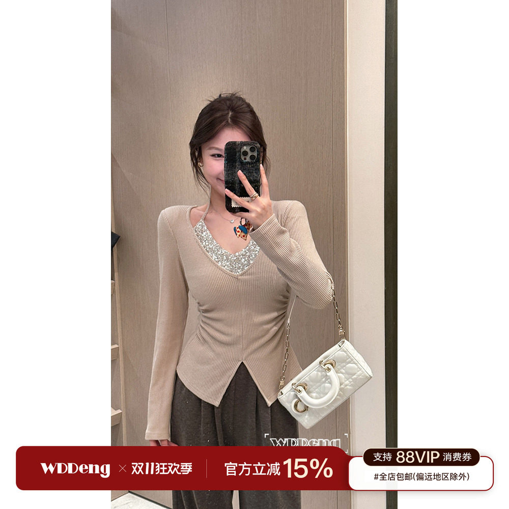 清清款王等等佳期如梦2025原创高克重竖纹仿羊绒大V领保暖针织衫
