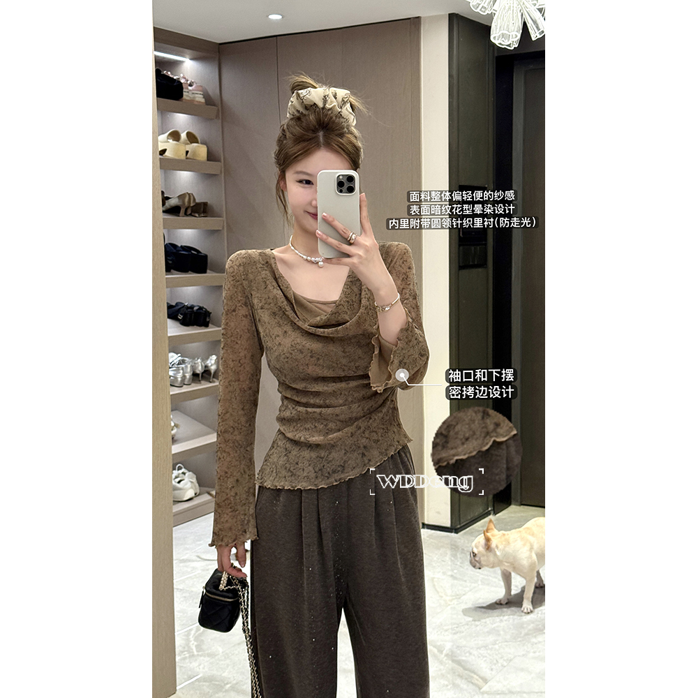 王等等【松茶可可】20254秋冬原创款荡领显瘦网纱上衣U225Y15281