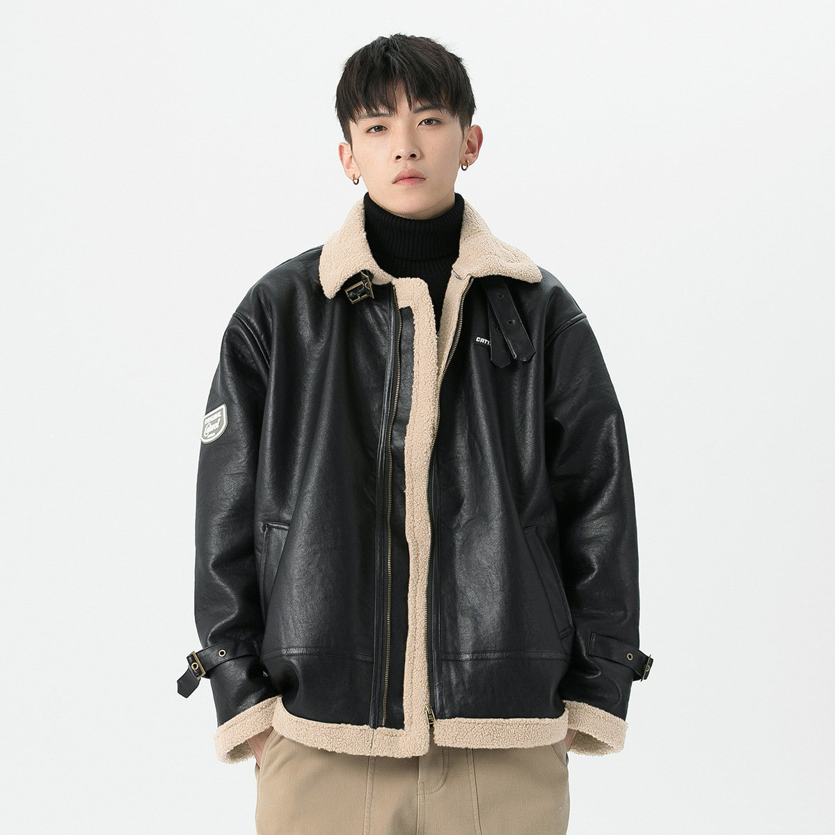 皮毛一体皮衣男2024秋冬季翻领羊羔绒棉衣外套加绒加厚机车皮夹克