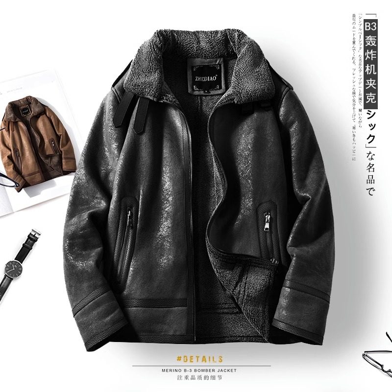 皮毛一体外套男2023冬季加绒加厚麂皮绒皮衣夹克羊羔绒大衣皮袄子