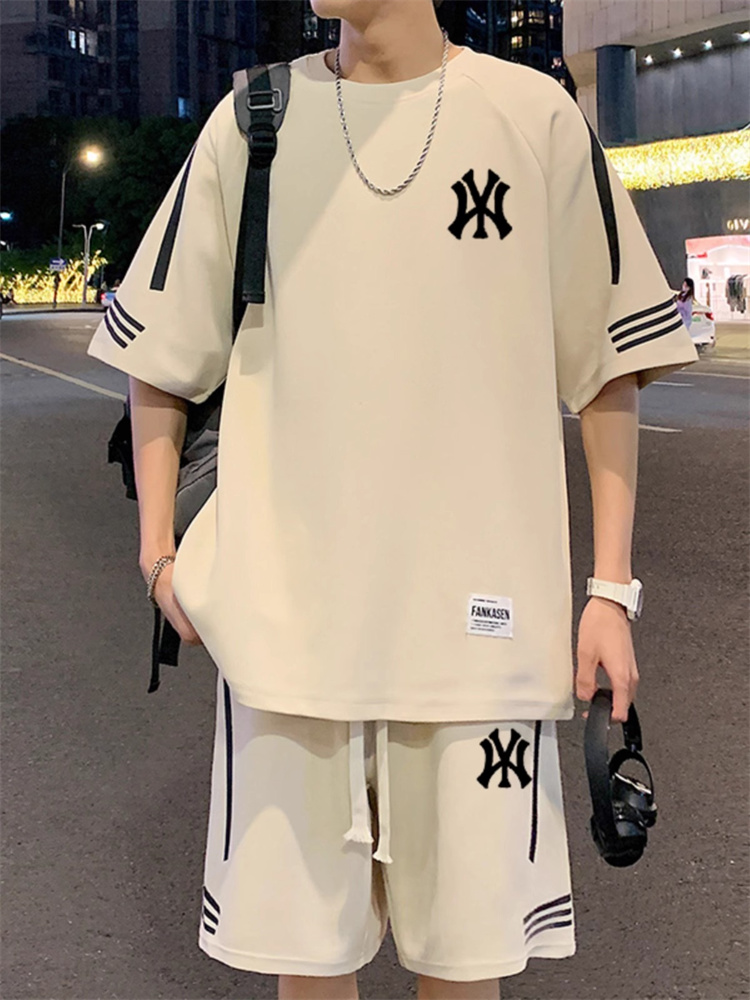 轻奢休闲运动套装男士夏季短袖T恤五分裤搭配一套冰丝透气两件套