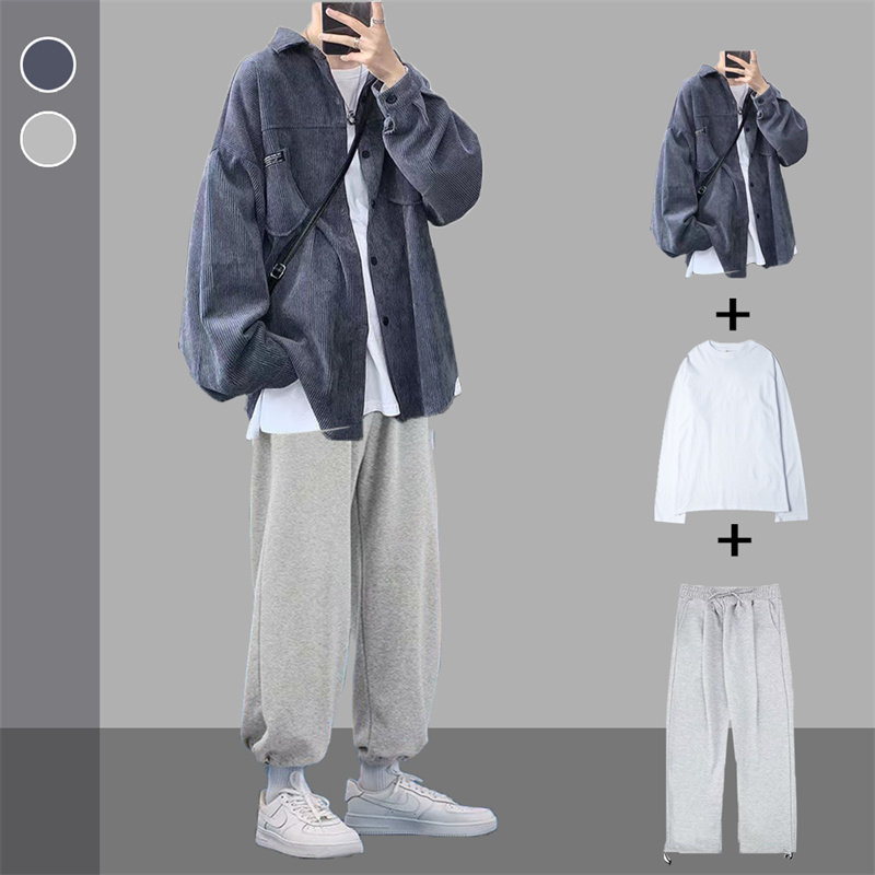 2025春秋季休闲运动套装男长袖衬衫潮流男装搭配一套帅气穿搭衣服