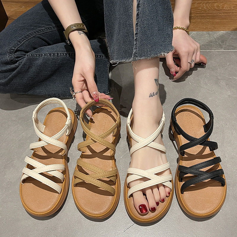 升级款新款罗马凉鞋女平底松紧带软底夏季凉鞋女士交叉带外穿凉鞋
