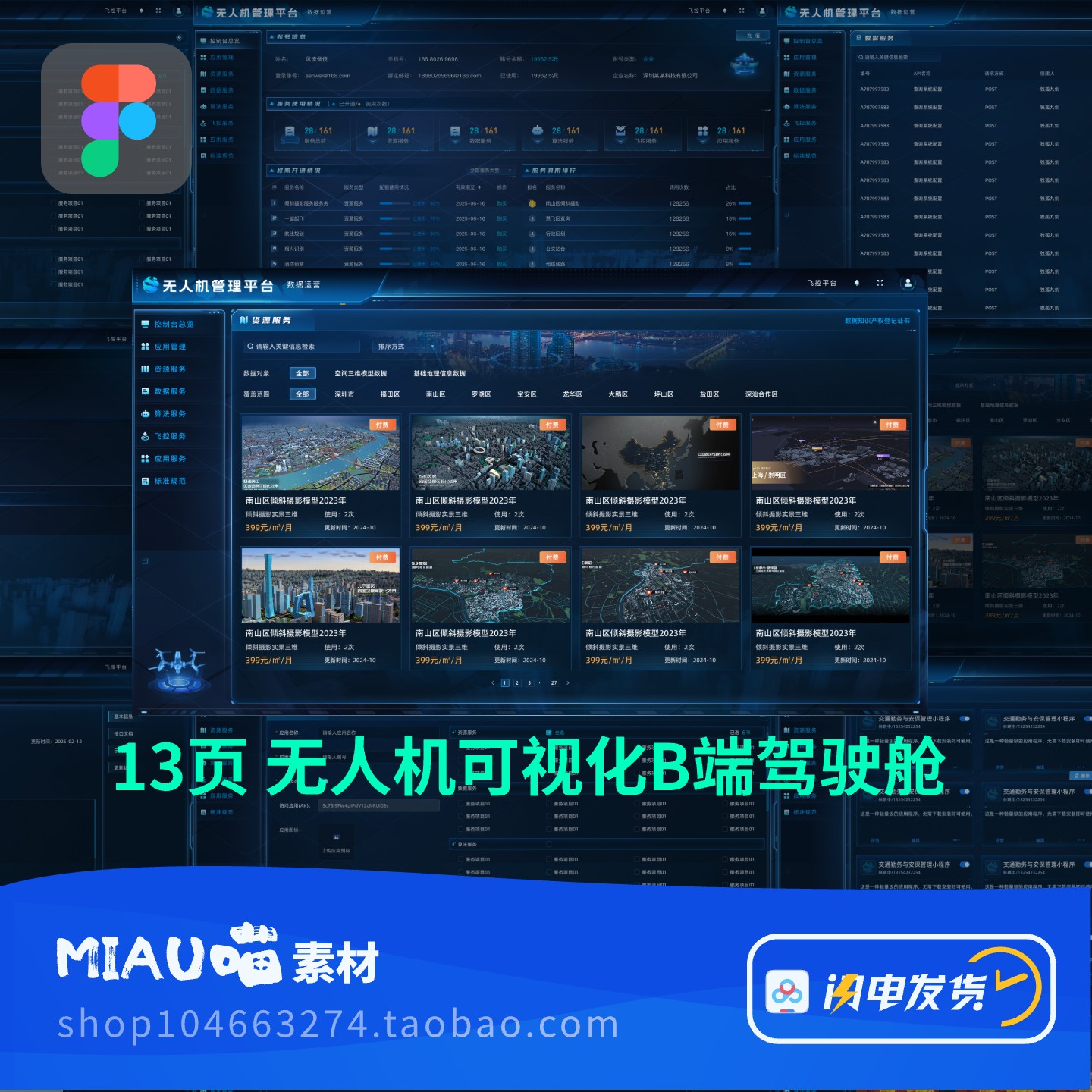 figma格式蓝色可视化科技无人机可视化B端驾驶舱深色后台套装13页