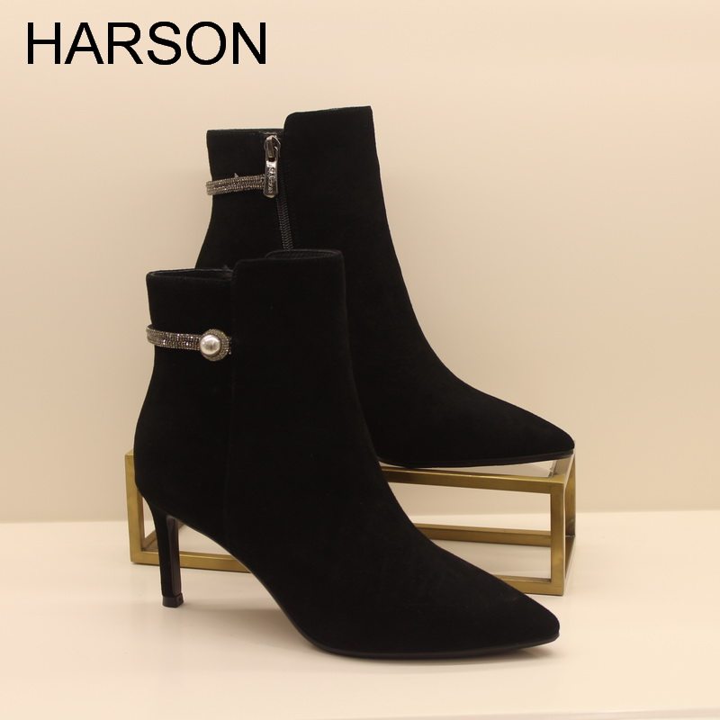 harson哈森2021秋冬新款女靴高跟鞋细跟百搭法式短靴 ha10837