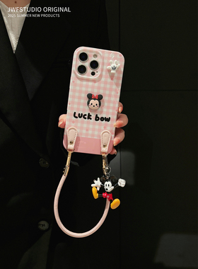 田园粉格纹适用苹果16promax手机壳斜挎可背iPhone15promax可爱卡通17pro新款13挂绳12防摔14promax女i11软套