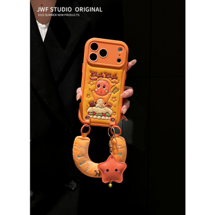 橙色雪人星星人毛绒腕带适用苹果17promax斜挎手机壳iPhone16趣味15promax卡通13保暖14pro皮质全包女17软套