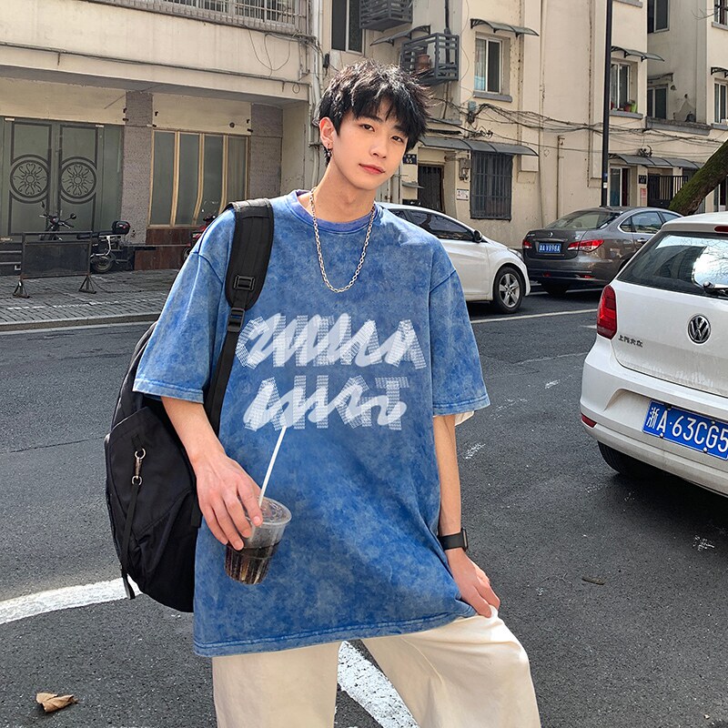 20236夏季男士t恤宽松港风情侣水洗蜡染短袖男XS005-P3558,男装T恤,星座912-1（原星座914-5）