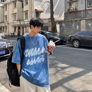 20236夏季男士t恤宽松港风情侣水洗蜡染短袖男XS005-P3558图片