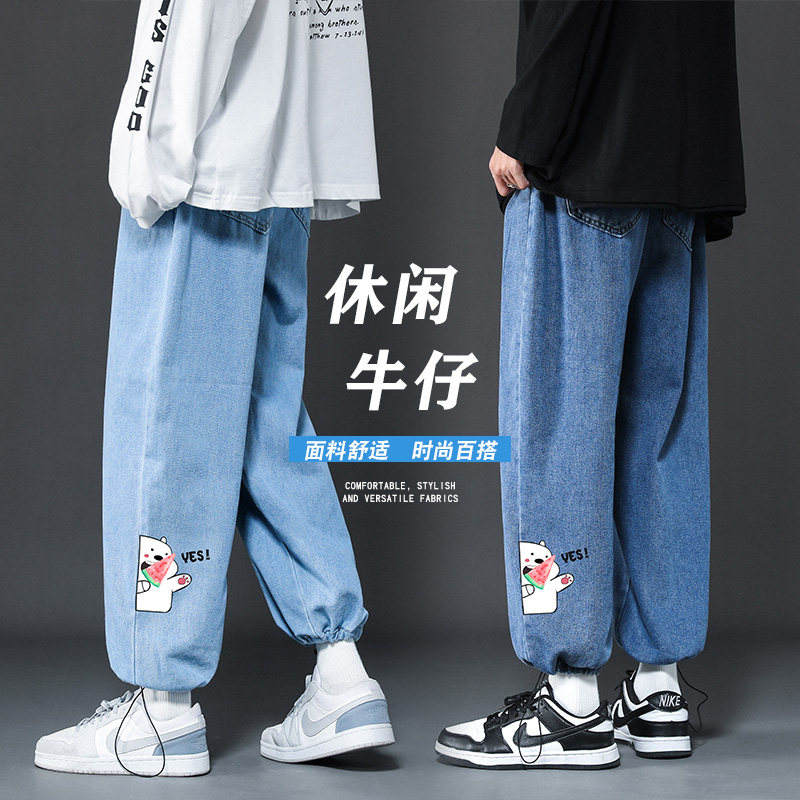 春季新款港风印花大码牛仔裤男抽绳橡筋裤NZ327-P4058图片