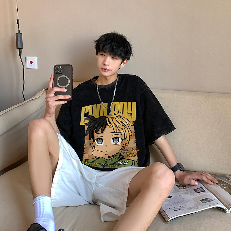 2025夏季男士港风水洗蜡染重磅高品质短袖男XS004-P3558图片