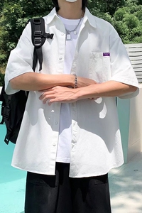 2025夏季港风纯色贴标情侣学生衬衣男原宿风格CS004-P3048图片
