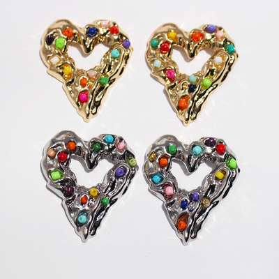 原创小众时髦褶皱肌理夸张大爱心耳钉多巴胺彩色米珠桃心耳环V29