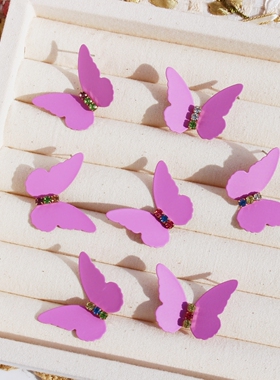 新款时尚小巧折纸粉紫色蝴蝶耳钉镶嵌彩色闪钻优雅蓝蝴蝶耳环V117