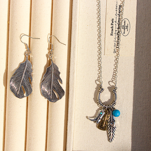 欧美外贸饰品复古做旧羽毛鞋子小提琴多吊坠项链抽象树叶耳环V212
