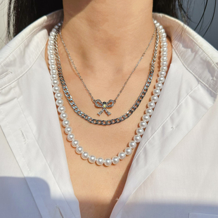 外贸饰品少量现货时髦蝴蝶结珍珠多层项链圆球耳钉套装 女359超值