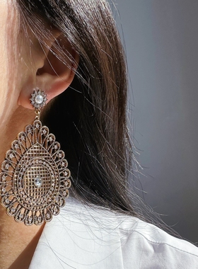 欧美塬单饰品复古艺术镂空雕花夸张耳环镶闪钻水滴耳坠异域风V153