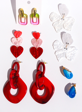 外贸饰品粉红撞色爱心耳环蓝色水滴耳钉拼接链条耳坠花朵耳饰V235