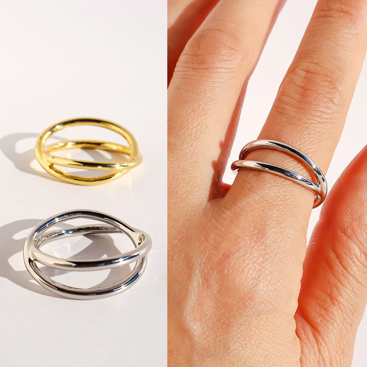 铜镀18k金外贸饰品极简时尚线条交叉双层圆圈戒指叠戴素圈指环360,饰品/流行首饰/时尚饰品新,戒指/指环,淘宝优惠券,粉丝福利购,淘宝优惠卷