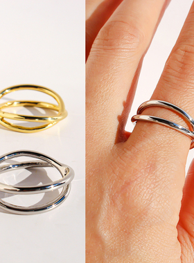 铜镀18k金外贸饰品极简时尚线条交叉双层圆圈戒指叠戴素圈指环360
