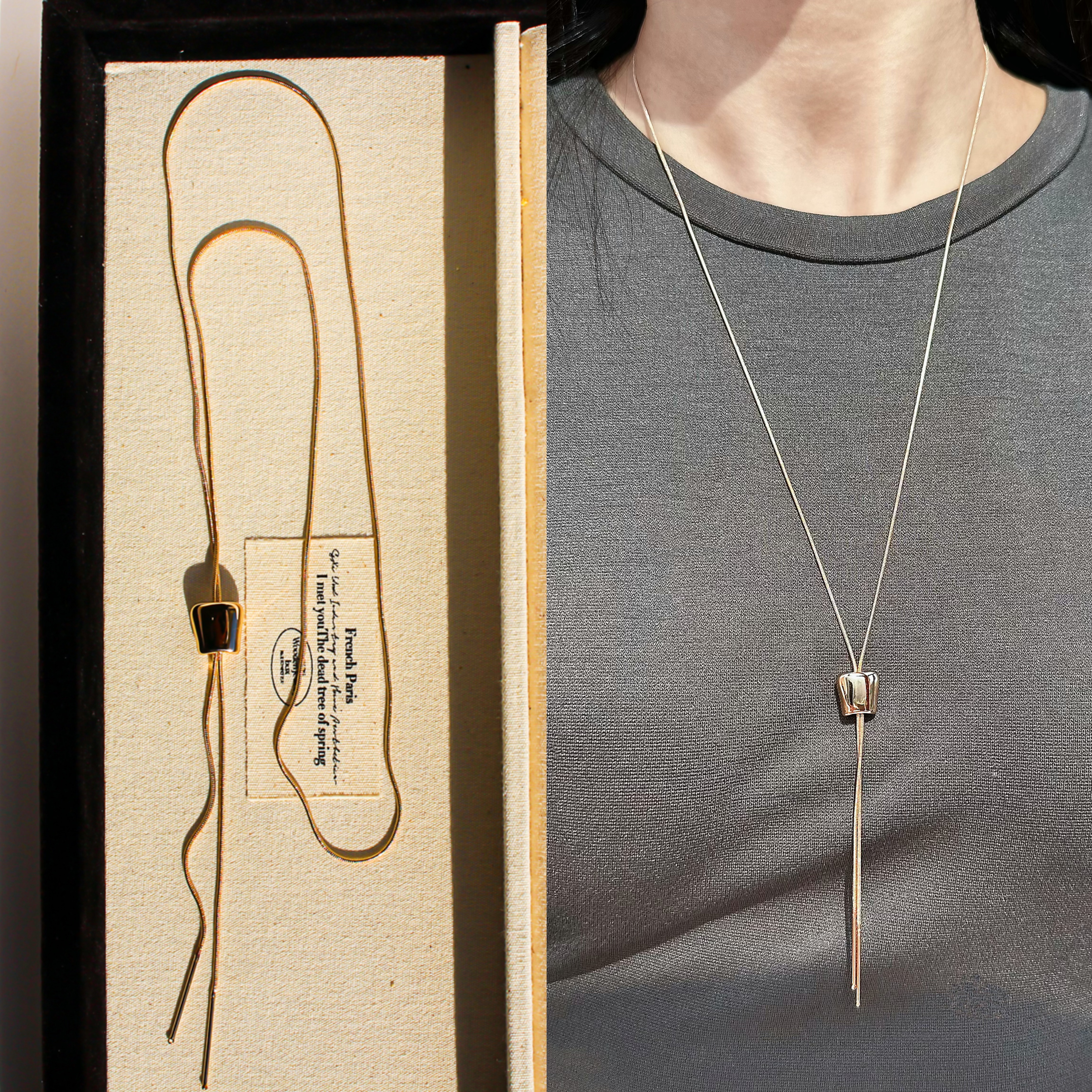 外贸饰品小众极简几何方形蛇骨链条长项链抽拉可调节毛衣链女V334