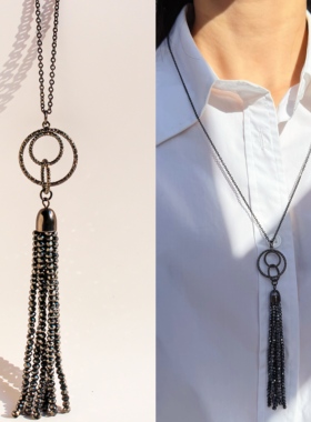 环保外贸饰品欧美风高级黑水晶串珠长款项链流苏吊坠毛衣链女353