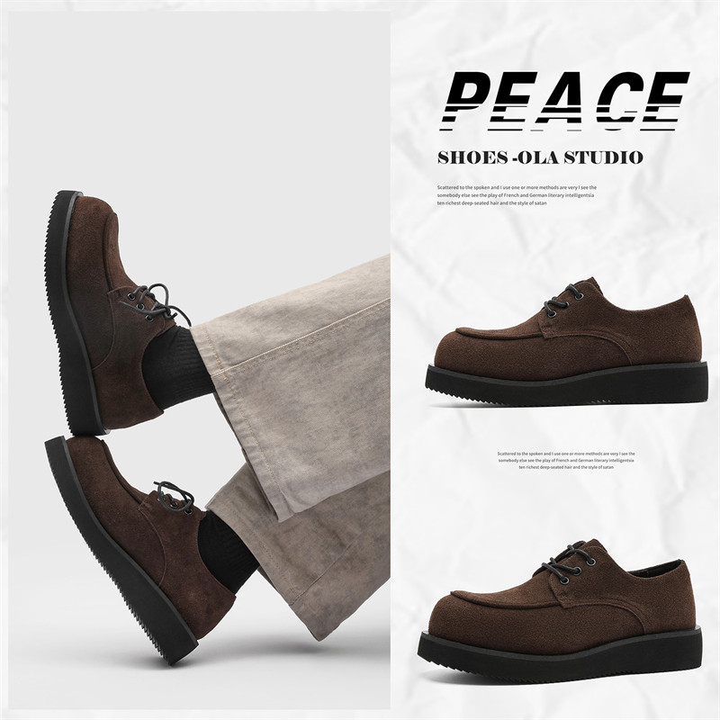 男鞋秋冬新款加绒棕色反绒皮德比鞋男厚底系带休闲皮鞋高级感百搭