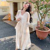 仙女裙宽松高级感V领长裙2025夏季新款小个子时尚刺绣苎麻连衣裙，女装连衣裙，浙宝213A