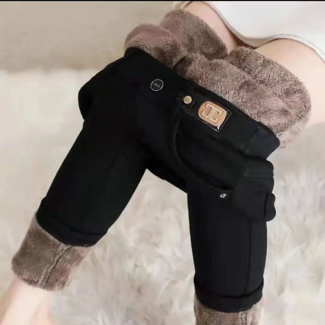 加绒加厚弹力高腰牛仔裤女2024秋冬大码显瘦松紧腰小脚铅笔长裤子