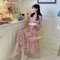Real Price vintage gentle FAIRY DRESS V-neck waist floral Long Sleeve Dress