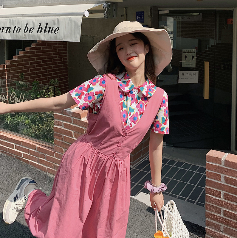 Real price summer age reduction suit V-neck lace up waist strap skirt + Western Style Floral Shirt