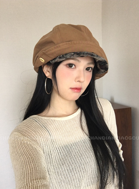 闪电小狗日系复古水母帽*百搭贝雷帽帽子双层帽檐堆堆帽