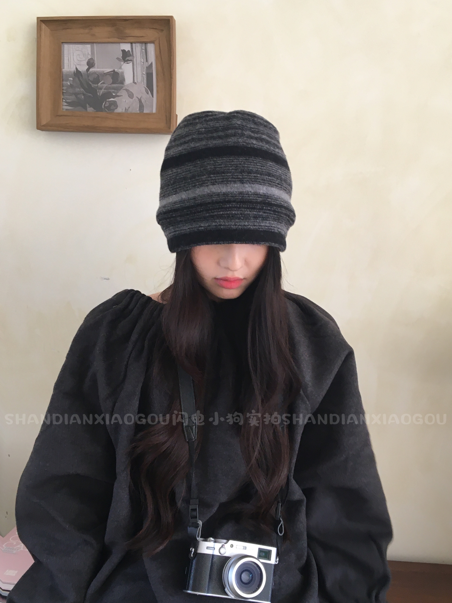 小众100%羊毛堆堆帽* 羊毛呢子冷帽女士日系复古文艺条纹