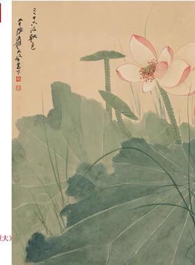 1:1张p大千荷花图斗方画真迹国画艺术微喷名画复制品客厅装饰画