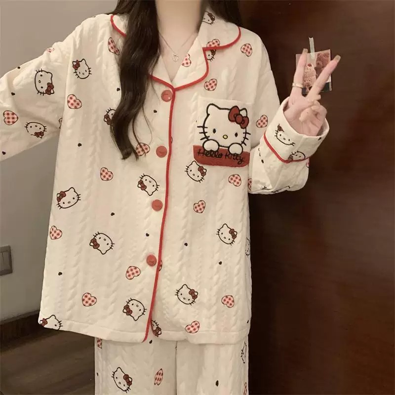 日本GP空气棉睡衣女长袖加厚纯棉夹层棉卡通Hellokitty学生家居服