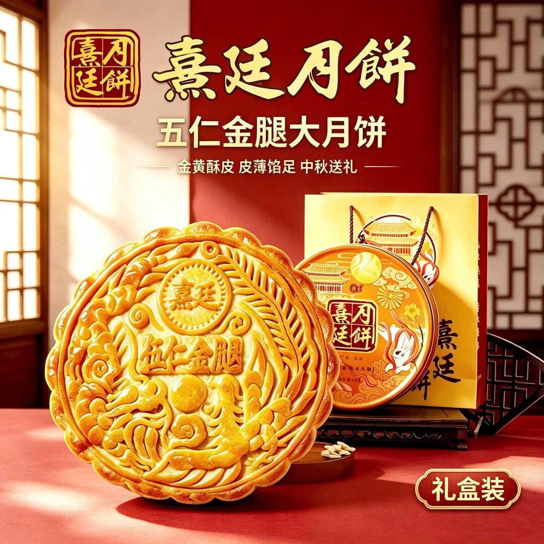 2026吴川熹廷皇廷芝麻五仁金腿大月饼1斤2斤/3斤广式伍仁月饼中秋