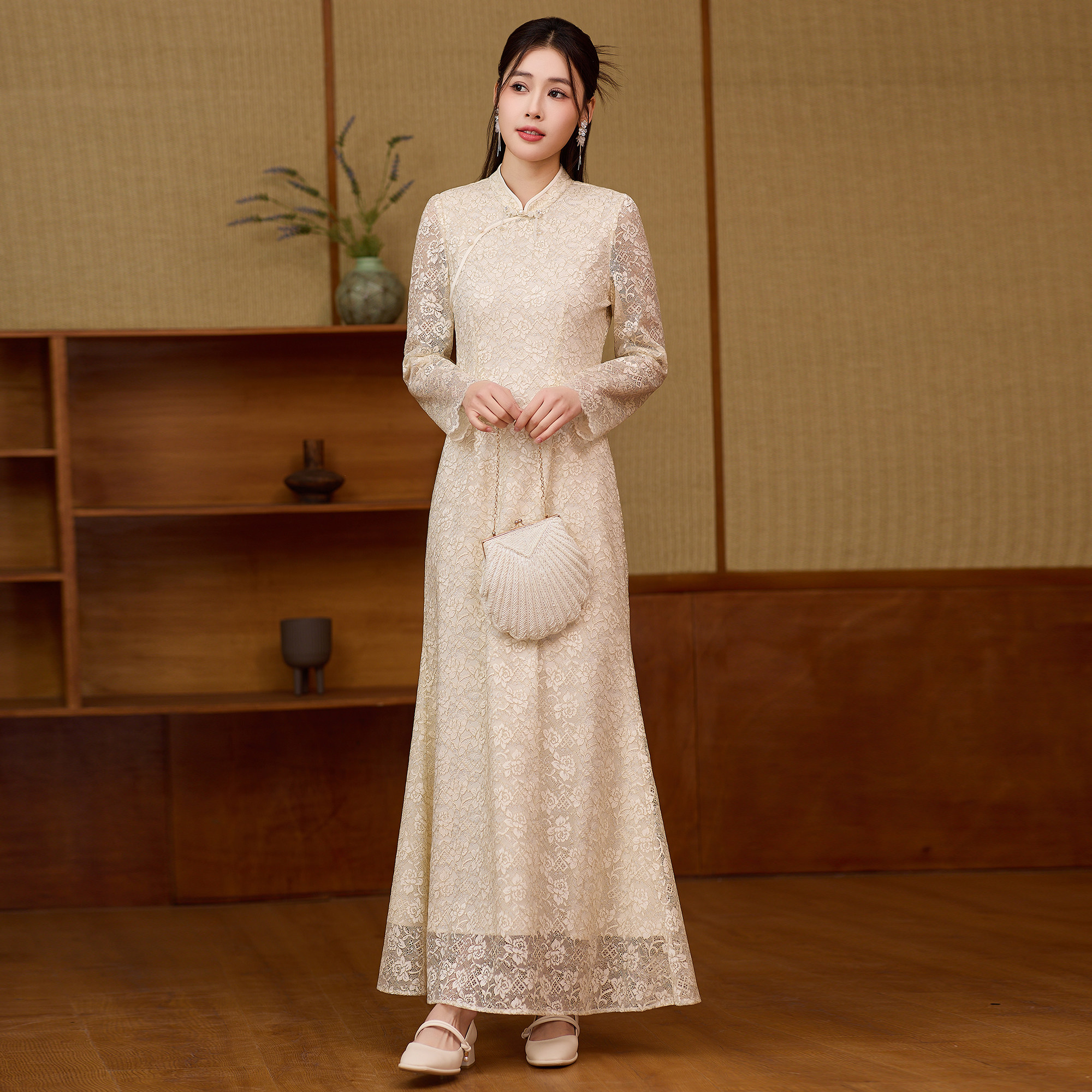 国风旗袍女新中式蕾丝唐装裙子2026新款改良年轻款长袖连衣裙女装