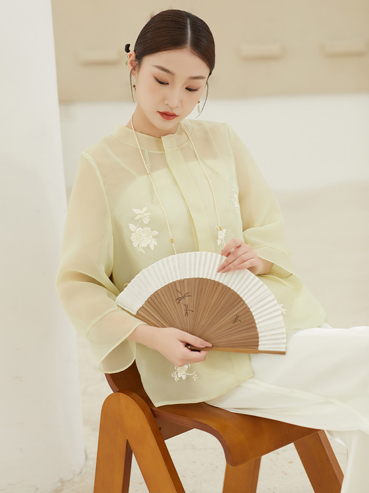 IMPROVED NEW CHINESE ZEN TEA COSTUME TANG COSTUME WOMENS 2024 SPRING|SUMMER WILD BUCKLE NATIONAL STYLE SHIRT HANFU TOP SET