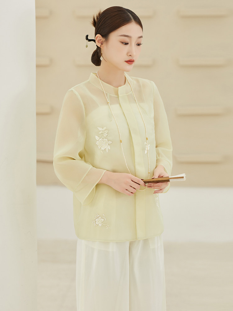 IMPROVED NEW CHINESE ZEN TEA COSTUME TANG COSTUME WOMENS 2024 SPRING|SUMMER WILD BUCKLE NATIONAL STYLE SHIRT HANFU TOP SET