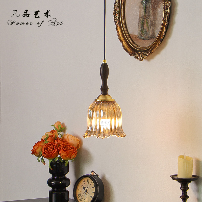 法式中古卧室床头小吊灯美式复古轻奢实木客厅过道走廊玄关吊线灯