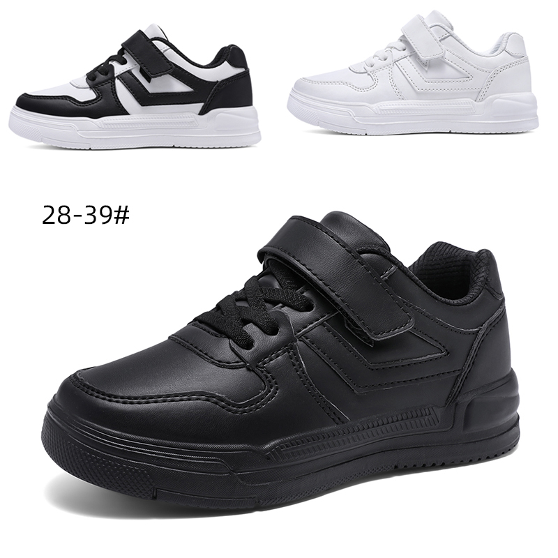 春秋款皮面儿童运动鞋男童黑色鞋子小学生女孩球鞋中大童纯白板鞋