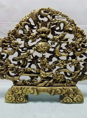 黄铜九龙壁摆件店铺办公桌客厅家居铜金属工艺装饰品铜制精美工艺