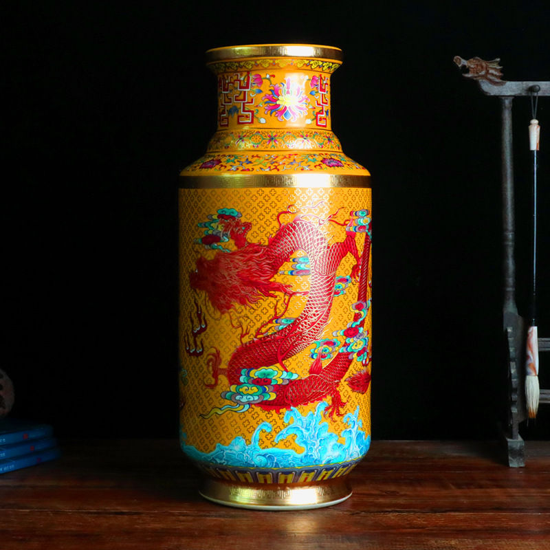 仿古瓷珐琅彩中式家居玄关花瓶装饰摆件博物展厅红黄蓝龙纹爆竹瓶