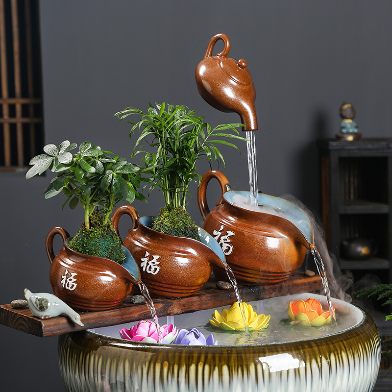 陶罐流水器循环过滤增氧生态缸鱼缸池装饰摆件客厅阳台庭院造景观