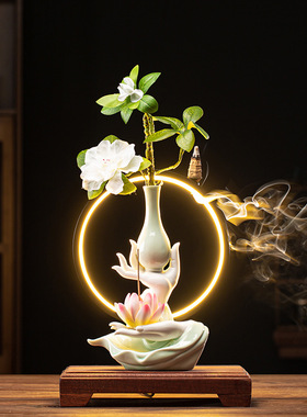 创意陶瓷水培花器禅意佛手莲心家用线香熏炉莲花香插家居装饰摆件