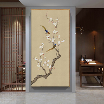草木芳菲 玄关壁画竖版别墅入户过道挂画走廊尽头茶楼巨幅画