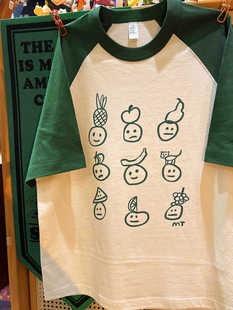 拼色插肩粗棉重磅男女情侣T恤 萌趣表情水果 原创小众 vintage