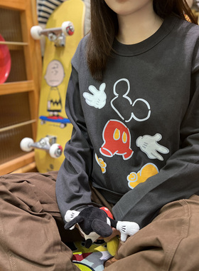 美式复古 vintage 趣味米老鼠 粗棉300克重磅男女情侣长袖T恤